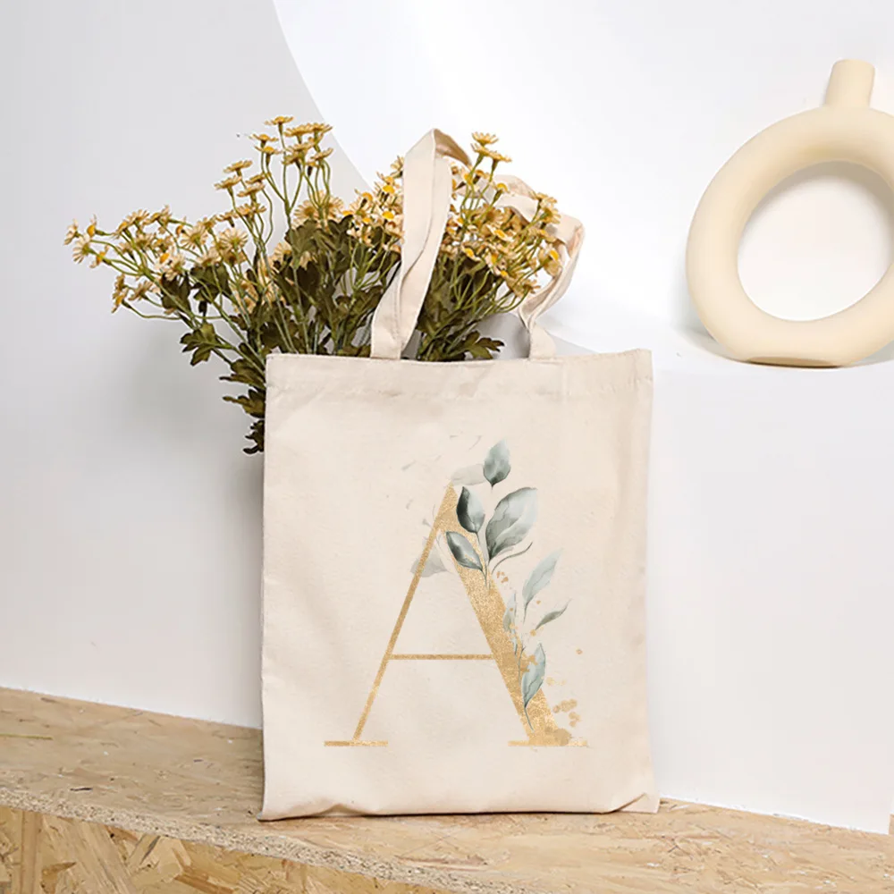 

Leaves Plant Initial Print Handbag Women Shoulder Bag Summer Beach Bags Daily Use Female Canvas Shopping Bag Reusable Tote Gift