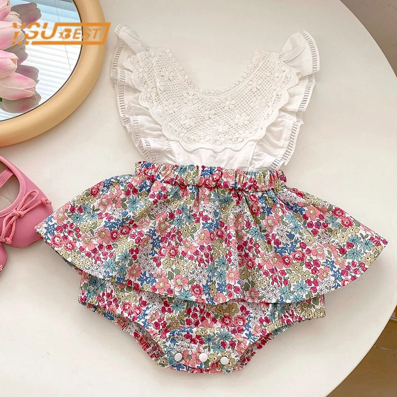 Infant Kids Baby Girls Sleeveless Fake Two Pieces Jumpsuit Summer Sweet Newborn Baby Girls Clothes Rompers