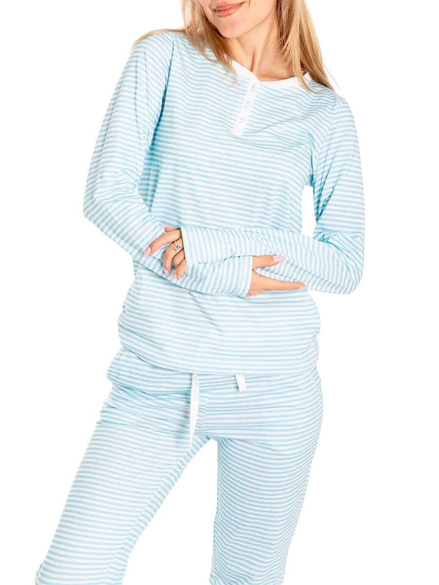 Men Women Matching Pajama Set Cozy Long Sleeve Henley Neck T-shirt with Striped Pants Sleepwear Loungewear Collection