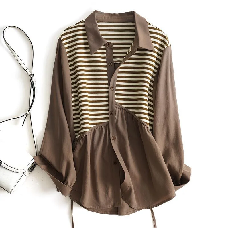 

plus Size Women's Knitted Collar Casual Long Sve irt Spring Autumn Loose Fit Mid-Length Splice Sle Comfortable In...