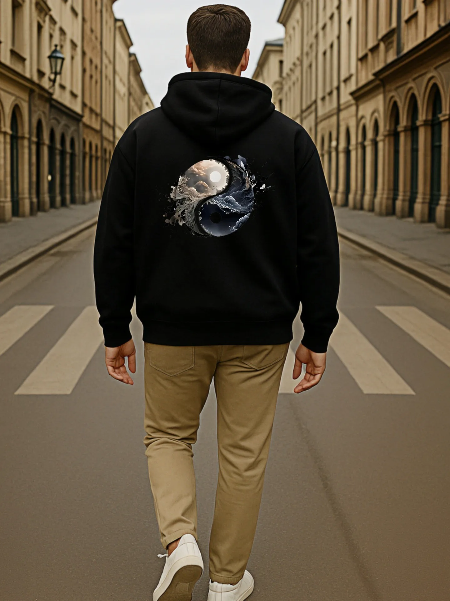 هوديي برسومات جرافيك للرجال، ملابس شارع كاجوال مع طباعة يين ويانغ وتنين، قماش ناعم، للارتداء اليومي، للرجال