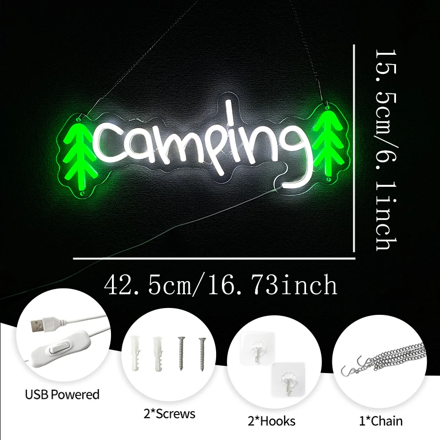 Camping Neon Sign, White Led Letter Lamp Usb Powered, Used For Club And Campsite Decor, Camping Car Background Art Wall Lamp.
