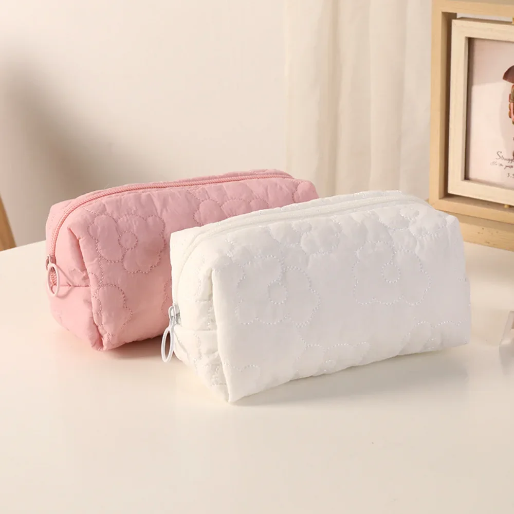 Mulheres flor bordado sacos de cosméticos rosa/branco grande capacidade organizador bolsa com zíper sacos de maquiagem portátil saco de armazenamento de viagem