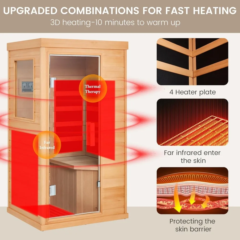 Sauna infrarroja para 1 persona, sauna infrarroja de espectro completo para el hogar, con 4 paneles calefactores, sauna seca interior