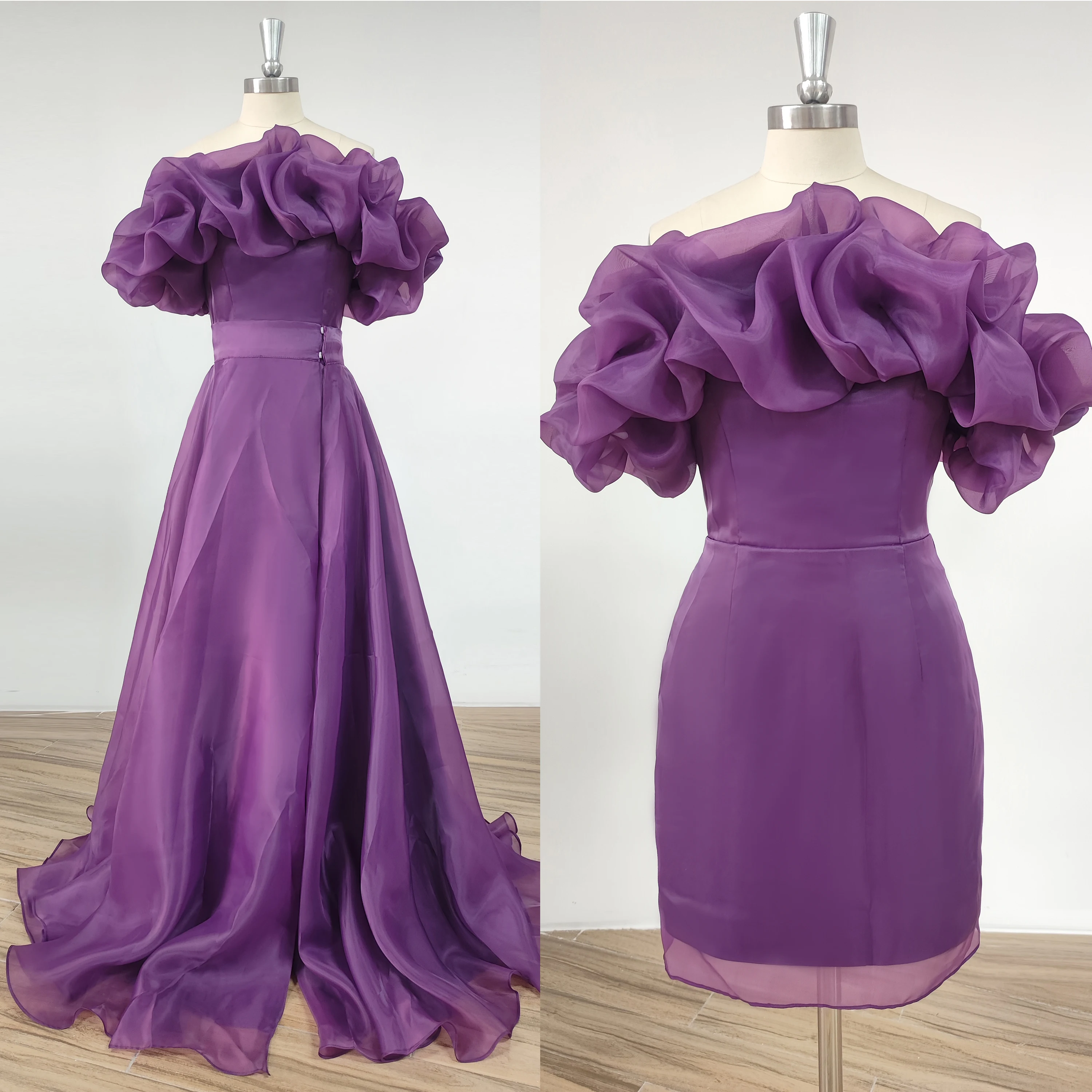 DIDEYTTAWL Real Picture Purple Off Shoulder Detachable Sweep Train Prom Dresses Ruched Organza Sheath A-line Evening Gown