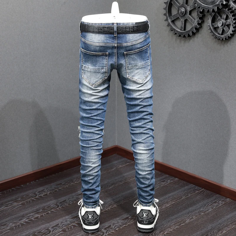 New designer jeans with blue leather patch washed, nostalgic stretch, slim fit, high-quality blue pants Y2K