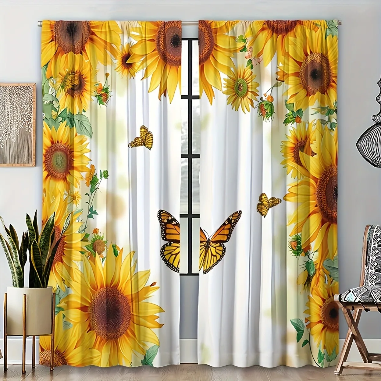 Zwei Stücke Sonnenblumen-Schmetterlingsmuster-Vorhänge, lichtfilternde Polyester-Vorhänge mit Stangenfutter, geeignet für