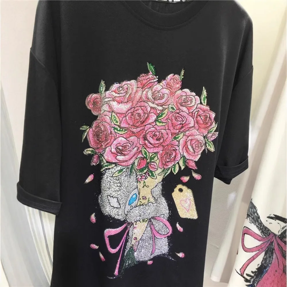 L-4XL Plus ขนาดลําลอง T เสื้อผู้หญิง Florals Rhinestone ฤดูร้อนแขนสั้นหลวม Tops เสื้อผ้าสตรีана Ж