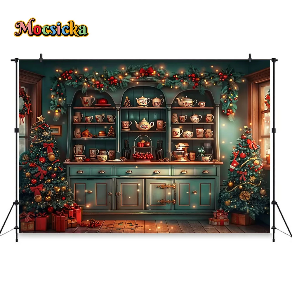 Christmas Theme Kitchen Photography Background Retro Green Tea Cabinet Xmas Tree Glitter Background Family Kids Portrait Studio