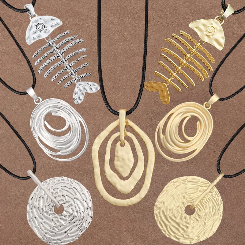 1 x Matte Gold Color Fishbone/Spiral/Medallion Shape Charm Pendant Long Wax Rope Chain Necklace Fashion Jewellery Accessories