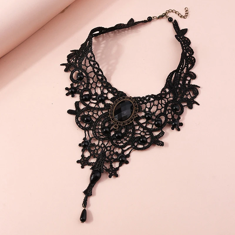 Hot Sale Women Black Lace Beads Choker Victorian Gemstone Sexy Gothic Collar Necklace Nice Gift For Women
