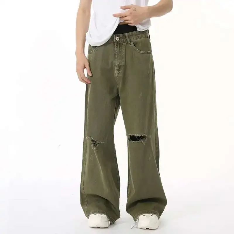 

Мужские джинсы, винтажные новые модные мужские брюки с дырками, простые однотонные осенние корейские прямые джинсовые брюки зеленого цвета