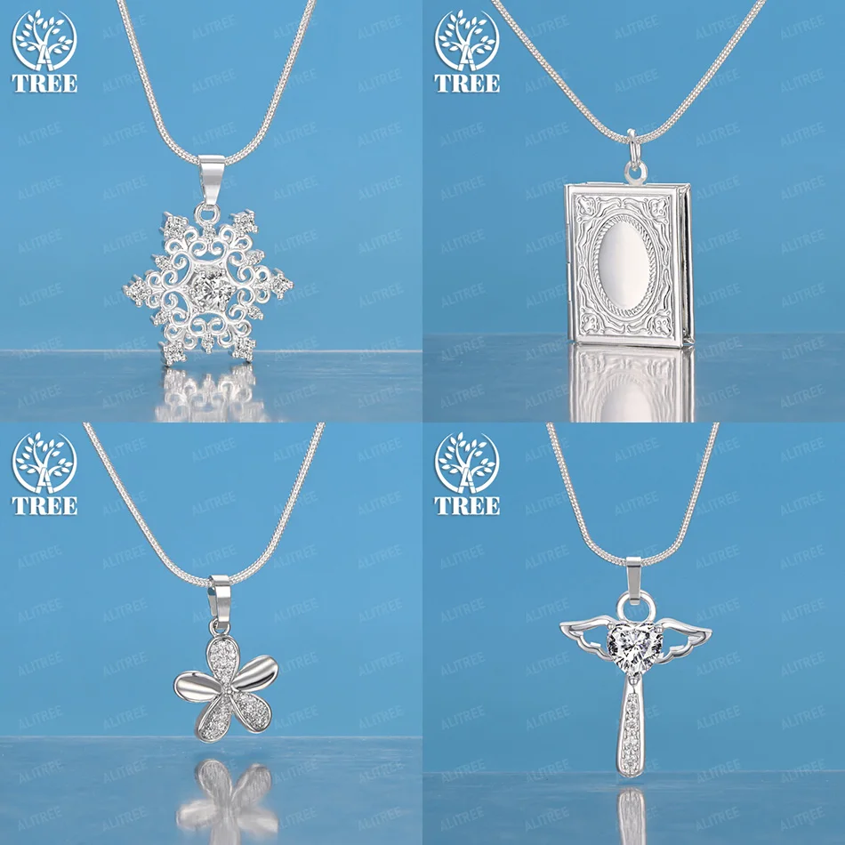 

925 Sterling Silver Flower Square Frame Snowflake Angel Wing Pendant Necklace For Women Engagement Gift Fashion Charm Jewelry