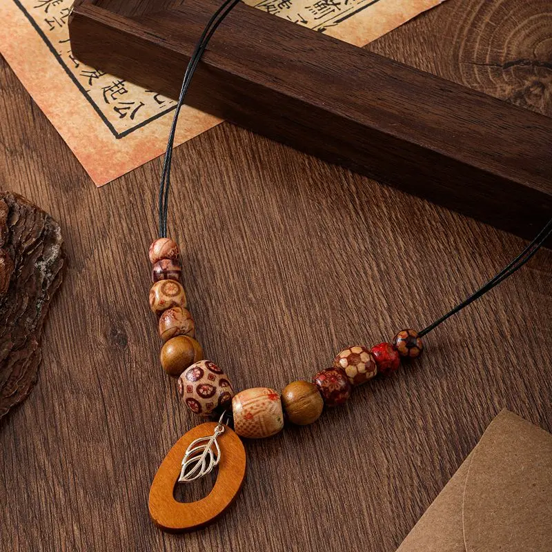 Vintage Wood Beads Handmade Women\'s Pendants Necklaces Ethnic Beaded Long Chain Sweater Necklace for Women Daily Wear Jewelry