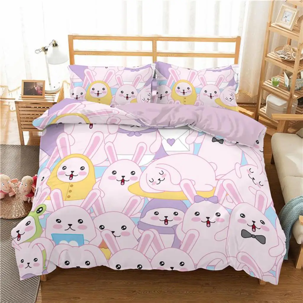 

Cartoon Rabbit Bedding Set Kawaii Animal 3D Printing Comforter Luxury Queen King Single Size Duvet Cover Set Home Textile Decor