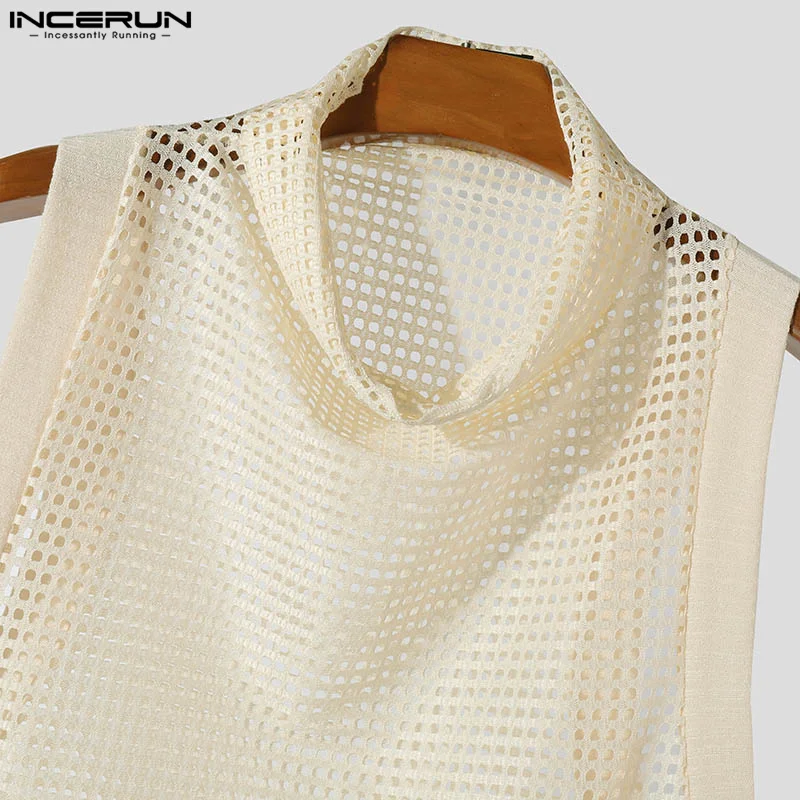 INCERUN Men Tank Tops Mesh Transparent Hollow Out Turtleneck Sleeveless Male Vests Summer Streetwear 2024 Fashion Men Clothing