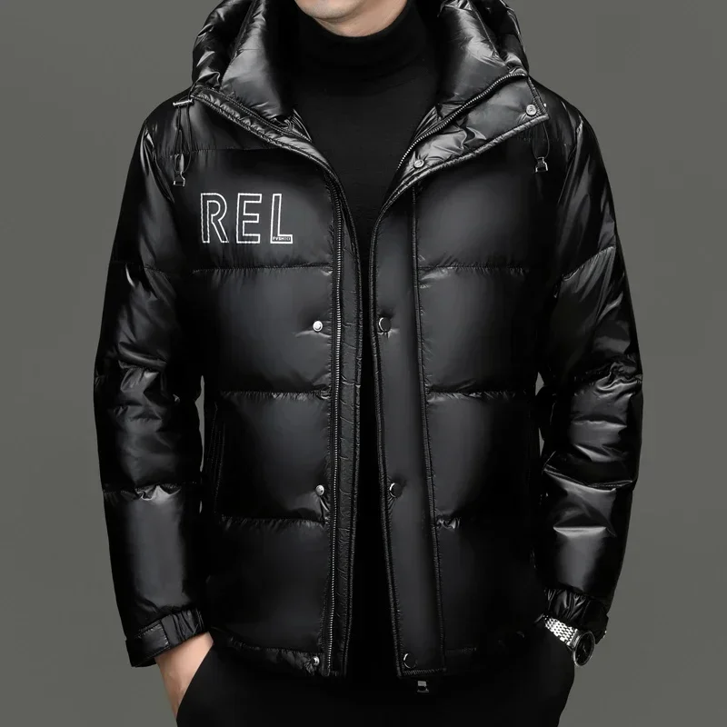 COZOK Designer Clothes Men Luxury Bright Short Hooded Down Jacket Duck Male Padding 2025 Winter Padded Men's Cold Coat