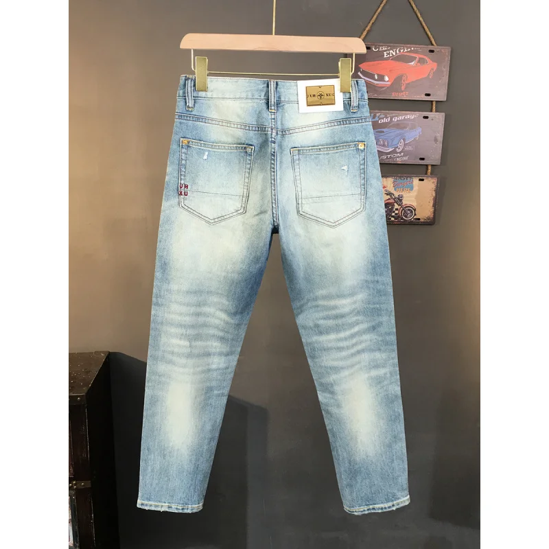

Light blue jeans men's 2025 new spring and summer trendy brand ripped patch high-end slim fit small straight leg pants