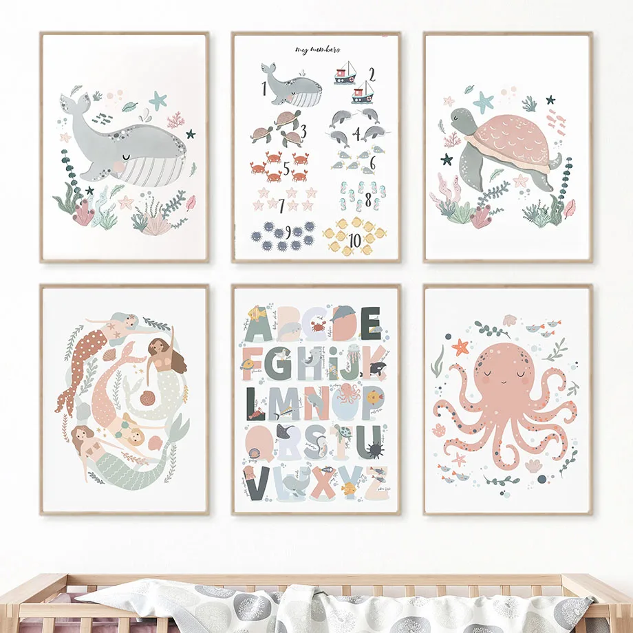 Boho Whale Turtle Octopus Mermaid Alphabet Cartoon Poster Nordic Wall Art Print Canvas Painting Pictures Baby Kids Room Decor