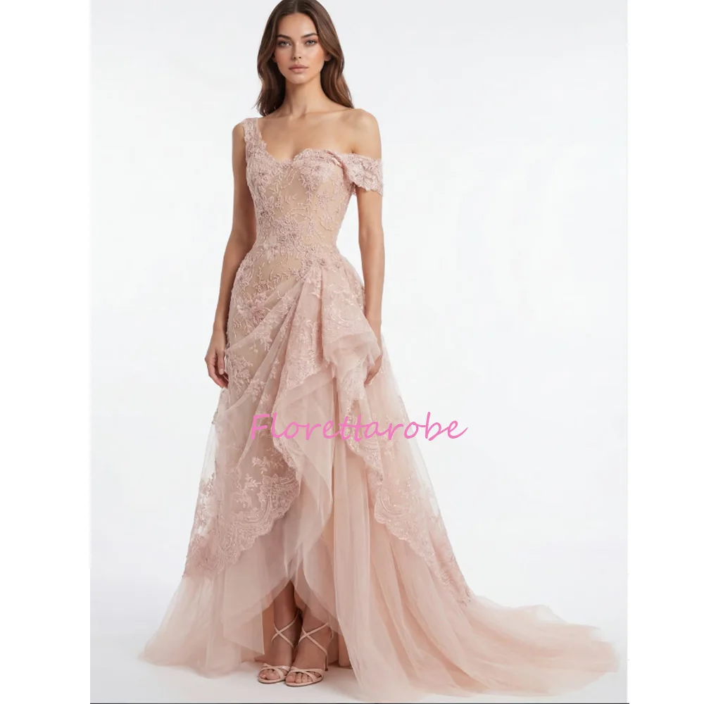 

Elegant Evening Dress Lace Appliques Pleated for Woman Wedding Arabic Long Prom Gown Luxury Party Gowns Customized