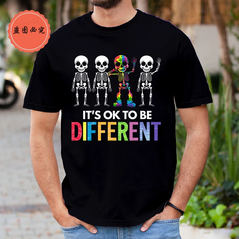 Fashion Brand Clothing Loose T Shirts It’s OK To Be Different Design T-Shirt for Women Men Autism Awareness Skeleton Shirt Tops