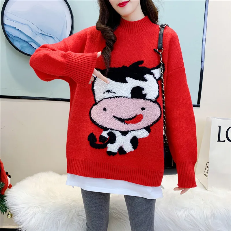 

Chinese Aesthetics Clothes for Women, Red, Blue, Vintage, Loose Body, Kawaii Pullovers, Bull Year Sweater, New Year,Knit Sweater