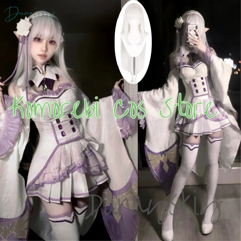 

Re Zero Kara Hajimeru Isekai Seikatsu Emilia Cosplay Costumes Wig Women Anime Wig Dress Headdress Halloween Party Clothing