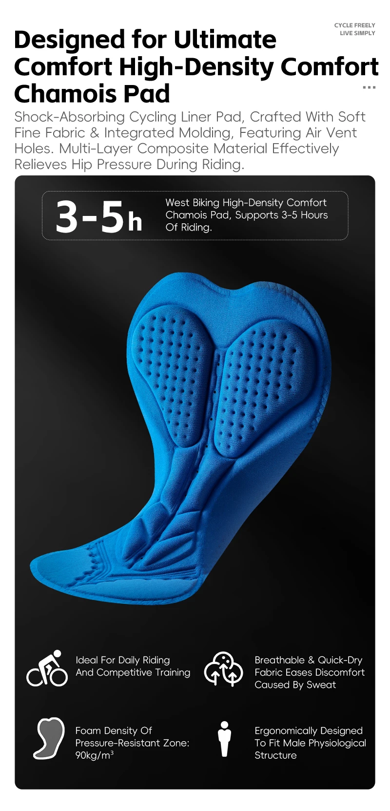 WEST BIKING Herren-Radhose, schnell trocknend, atmungsaktiv, gepolsterte Fahrradhose für Straßen- und Mountainbike-Fahrten im Sommer, leicht – Detail 7