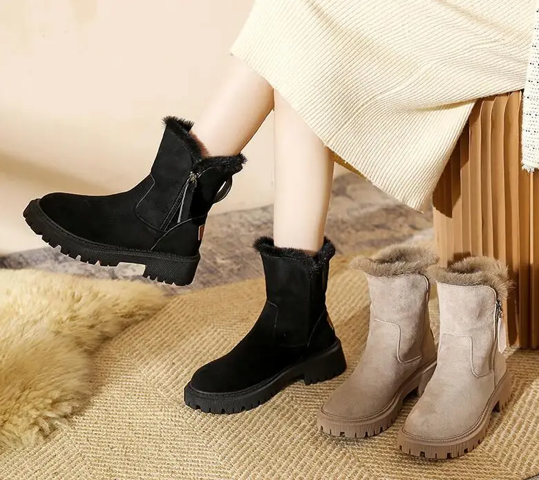 

Women's Winter Thickened Plush Lined Snow Boots Warm Fashion Cotton Shoes round Toe Rubber Sole Zipper Solid Color