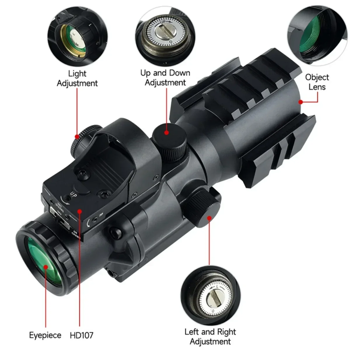 Tactics 4x32 Red Dot Sight +HD107 Reflex Optics Combo 5 Gear Adjustment Red Illumination Compact Collimator Hunting Viewfinder