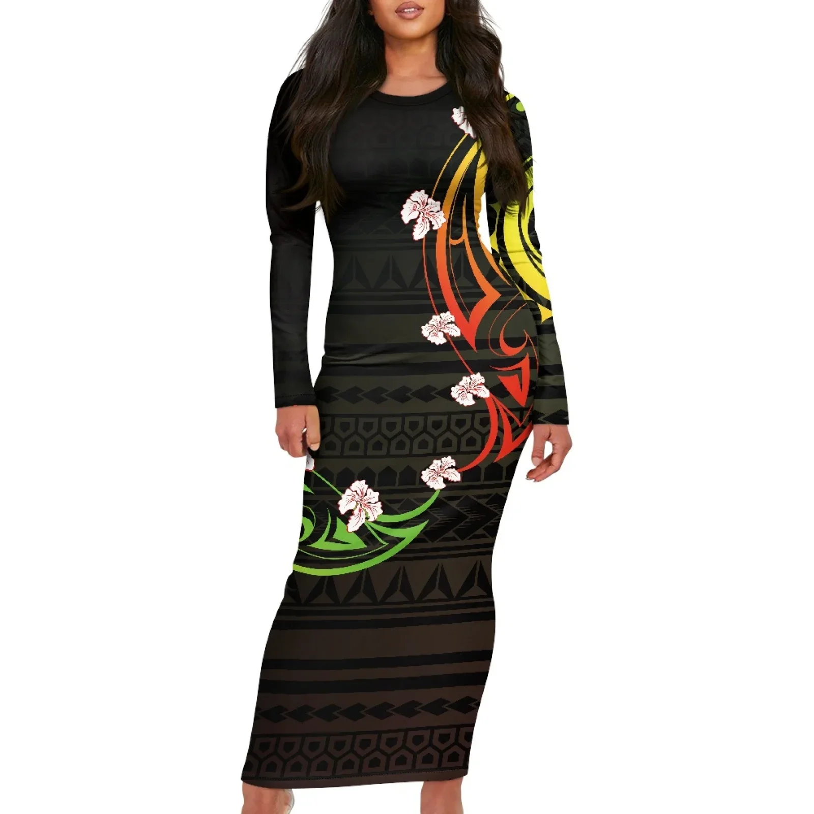 Polynesian Tribal Hawaiian Totem Tattoo Hawaii Prints Vintage Casual Lady Long-Sleeved Dress Beach Party Tight Green Long Dress