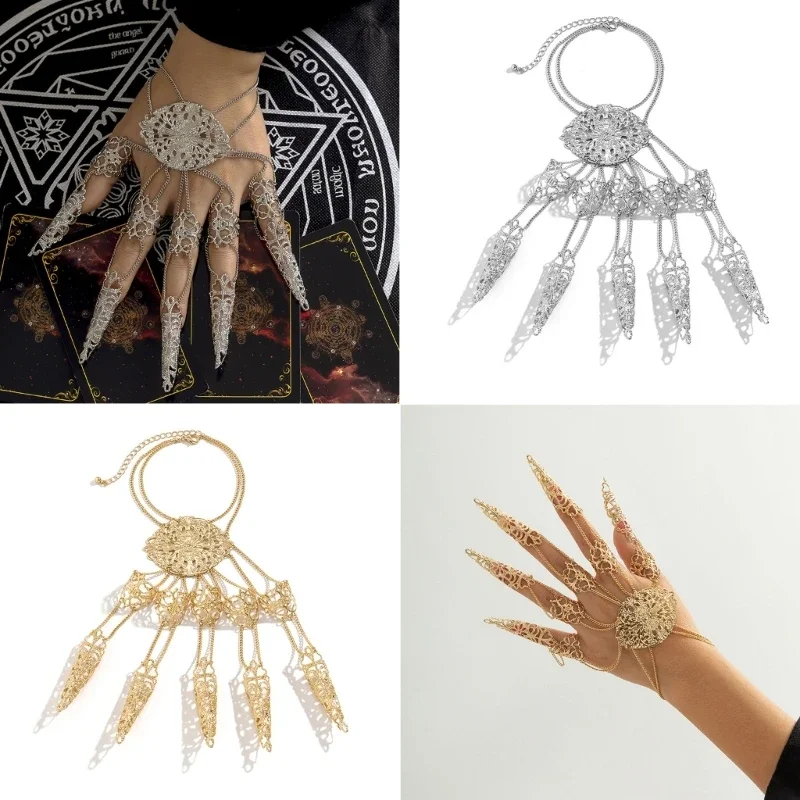 

Punk Hobby Bracelet Gothic Halloween Party Tapered Fringe Hand Chain Ornament Gift with Finger Nails for Women R7RF