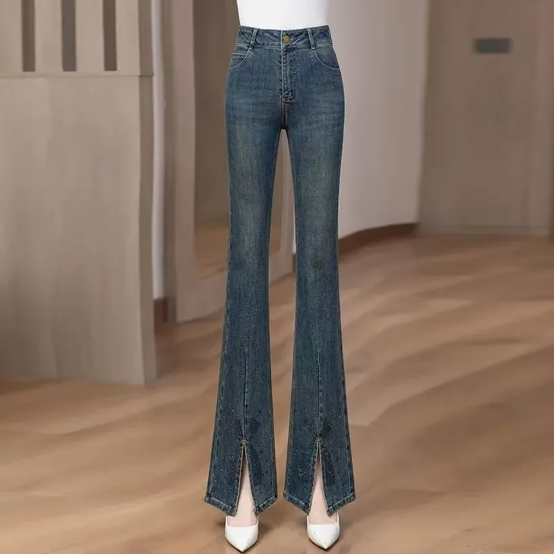 

Womens Retro High Waist Flared Jeans Elastic Slim Fit Split Hem Rhinestone Bell Bottom Pants For Spring Autumn