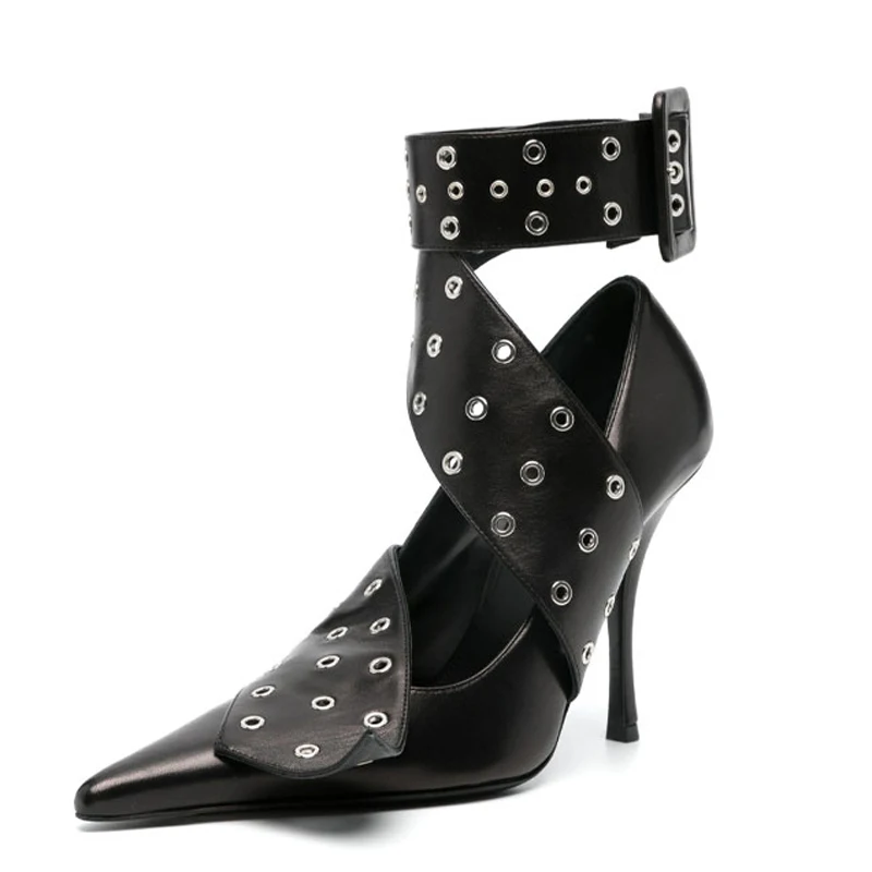 

New Styles Women Pointy Toe Metal Studs Sandals Slim Heels Lace Up Buckle Straps Shoes High-heeled Pumps