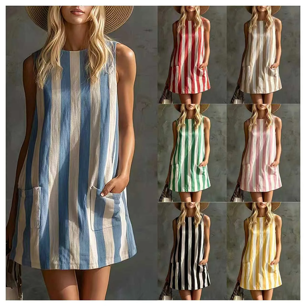 Vintage Blue White Striped Sleeveless Round Neck Cotton Linen Mini Dress, Dresses for Summer Spring