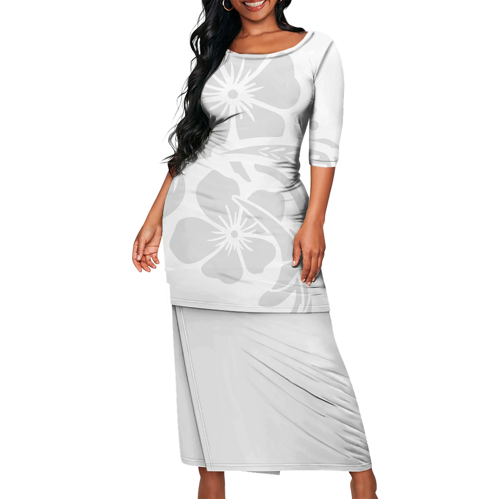 Island two-piece Puletasi Hawaiian white Polynesian tribal print ladies O-neck blouse and skirt 2 pcs Puletasi party dress