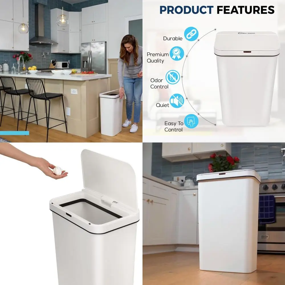 

13 Gallon Auto-Sensor Rectangle Trash Bin, Ideal for Home, Kitchen, or Office, White