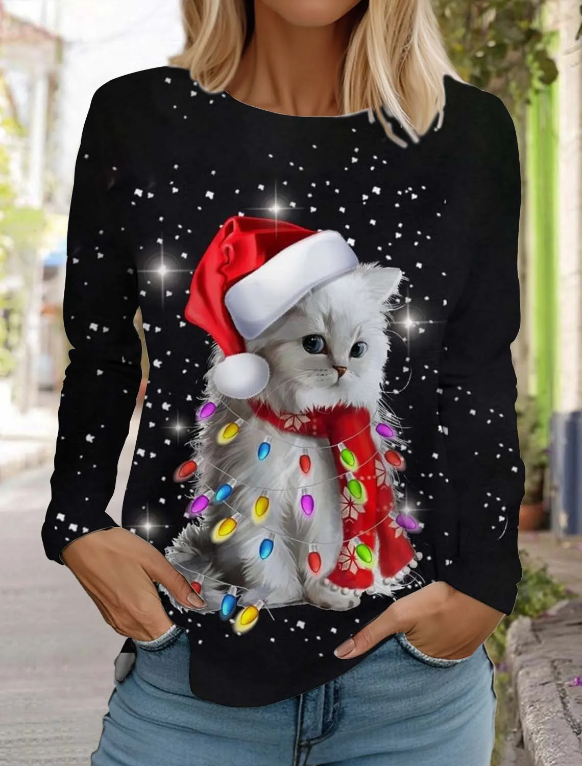 

Christmas Cats Graphic Women's T-Shirts 3D Printed Animal Cat Dogs Pattren Long Sleeve Tops Autumn Winter Outdoor Casual Clothes