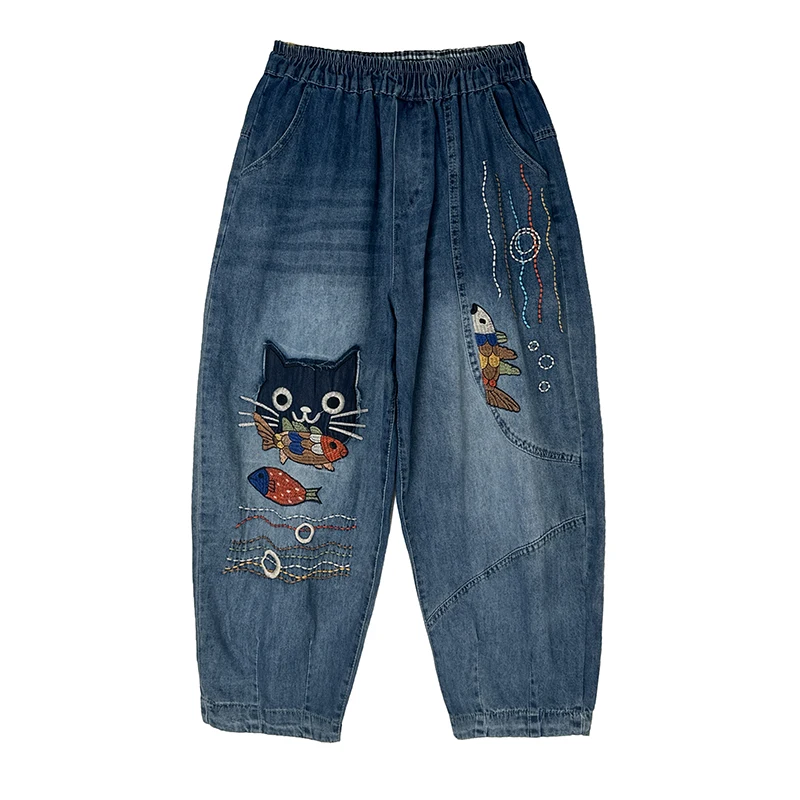 

plus Size Women's Cartoon Embroidered Denim Pants Loose Straight Harem Trousers Elastic Waist Nine Points Old Dad Pants