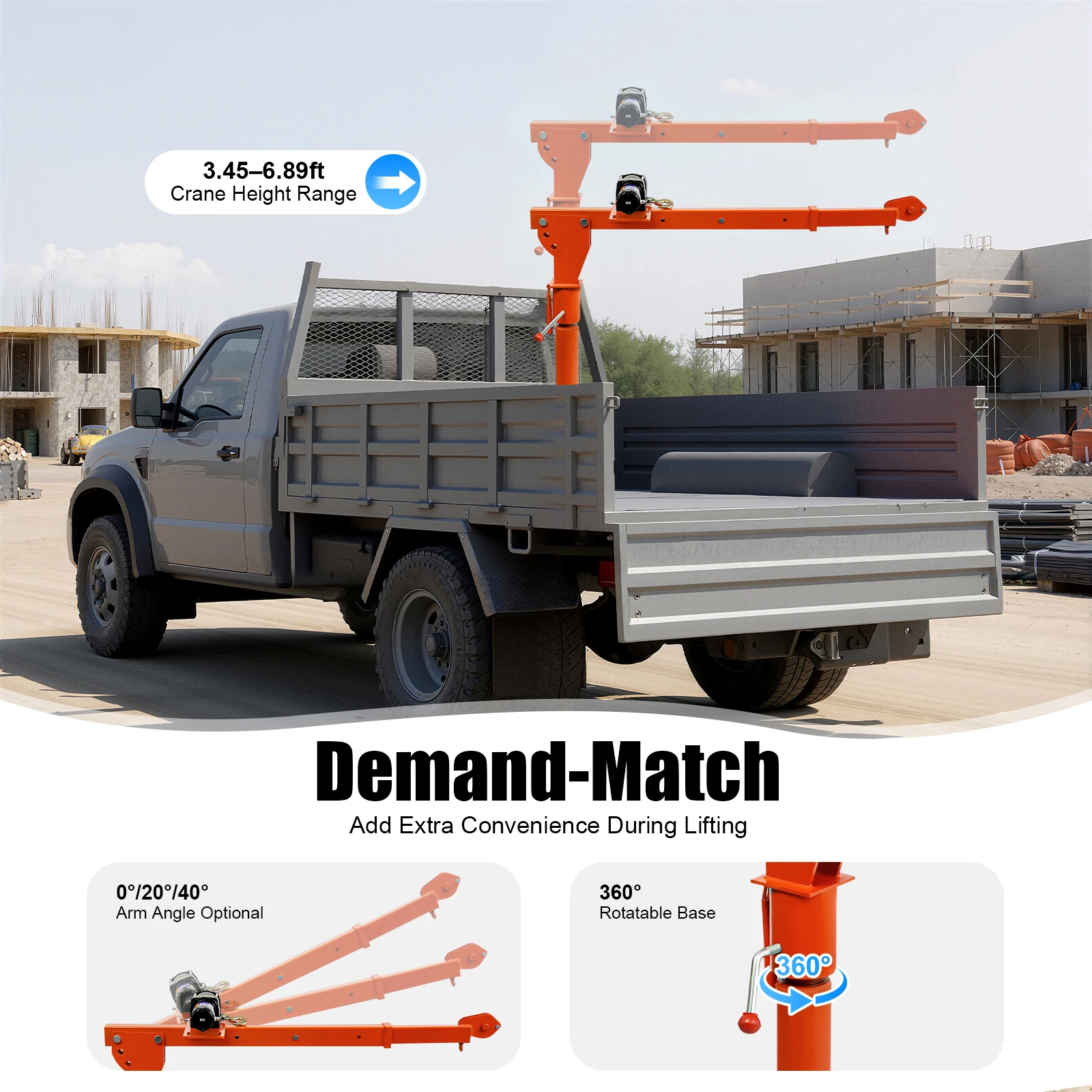 Truck Mounted 1100LBS Crane Hoist with 12V 3500LBS Electric Winch Adjustable Arm Length Angle Height, 360° Swivel Base, Remote Control, 4 Bolt Mounting, Stable Square Base, Hitch Mounted Deer Hoist, for Truck ATV Hunting