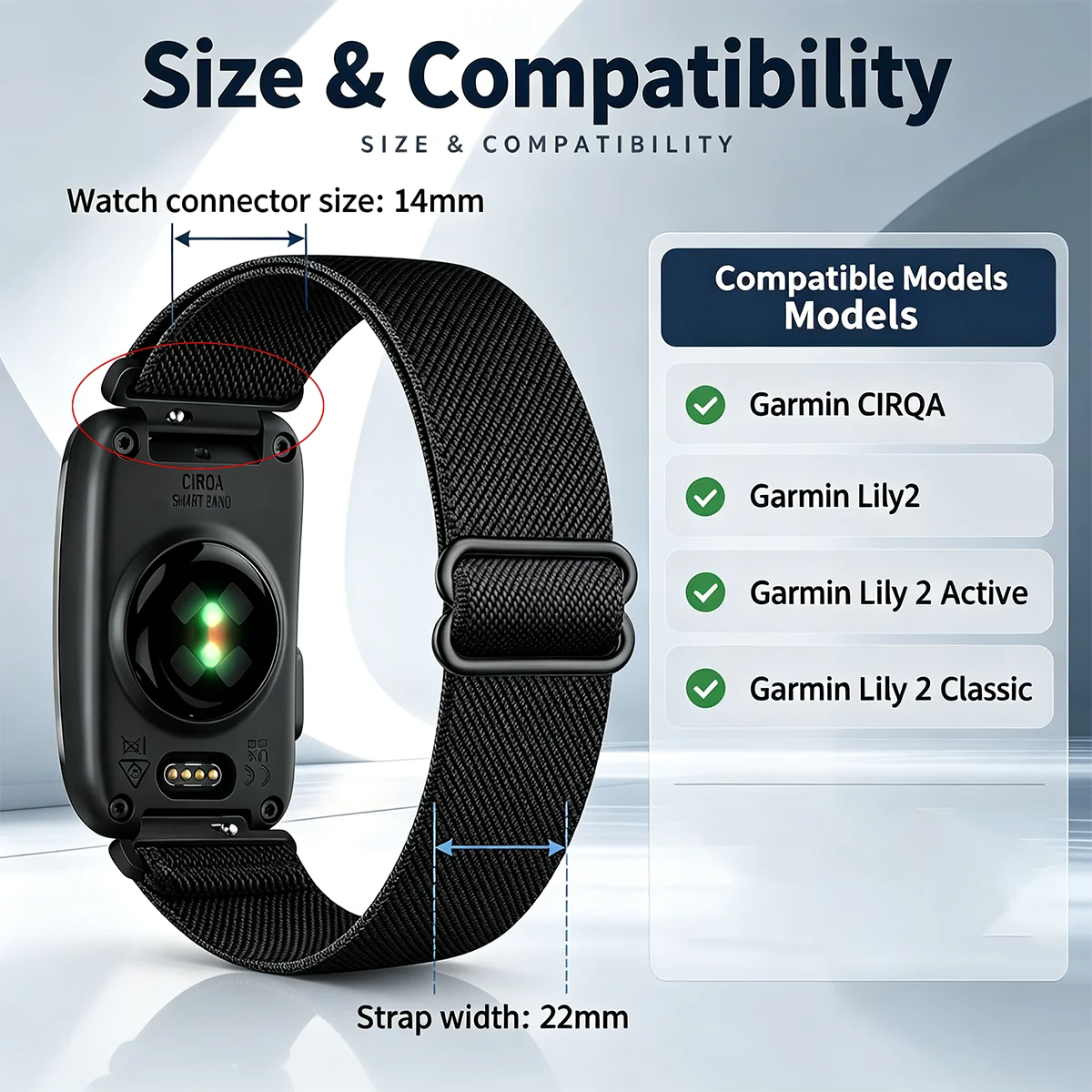 2 Pack 14mm Band Compatible with Garmin CIRQA Smart Band,Elastic Sports Wristband for Garmin Lily2/Lily 2 Active/Lily 2 Classic