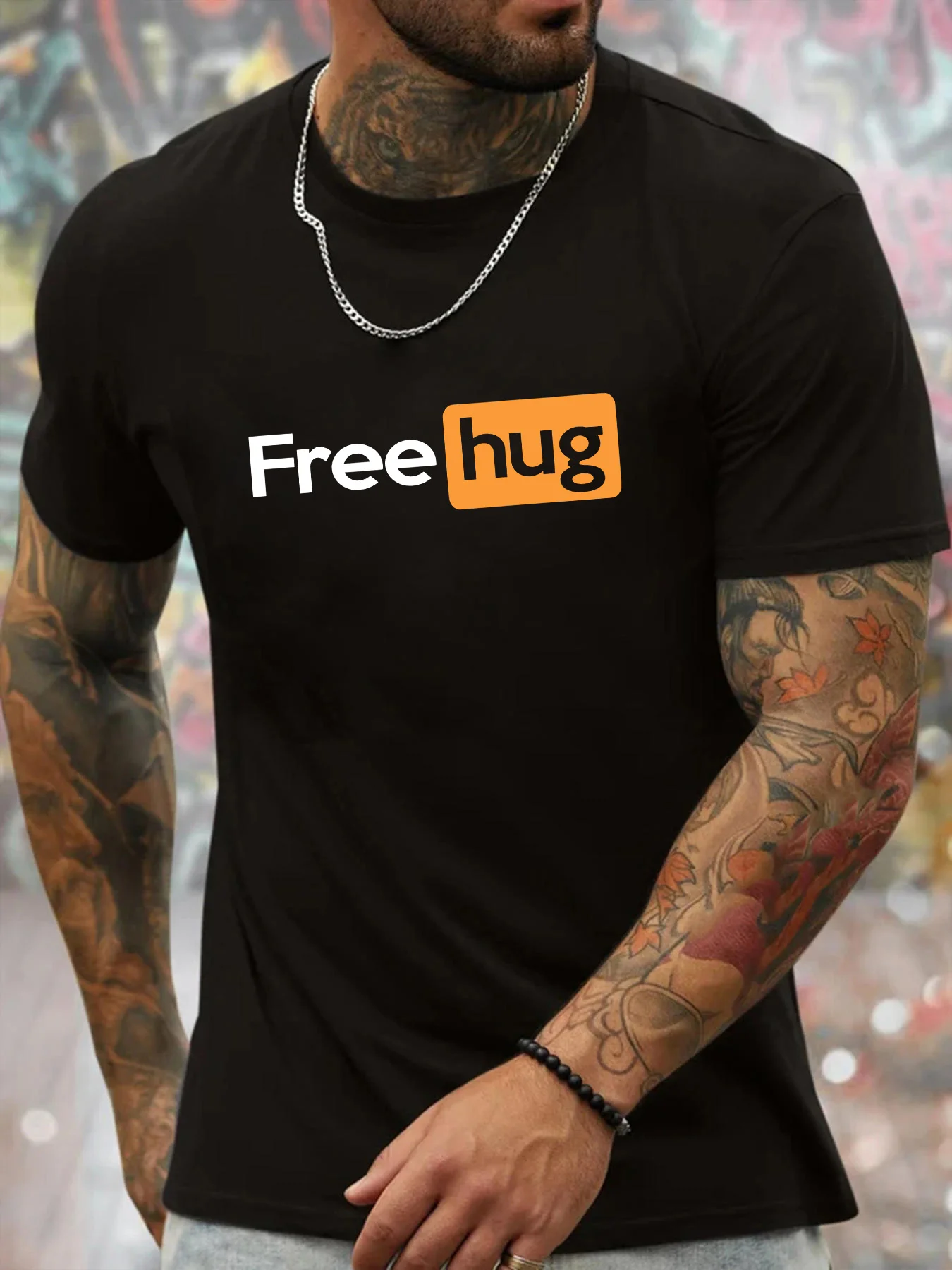 

Men's Summer 100% Cotton Fashionable Loose Casual Free hug Letter Pattern Printed Round Neck Short Sleeve T-shirt