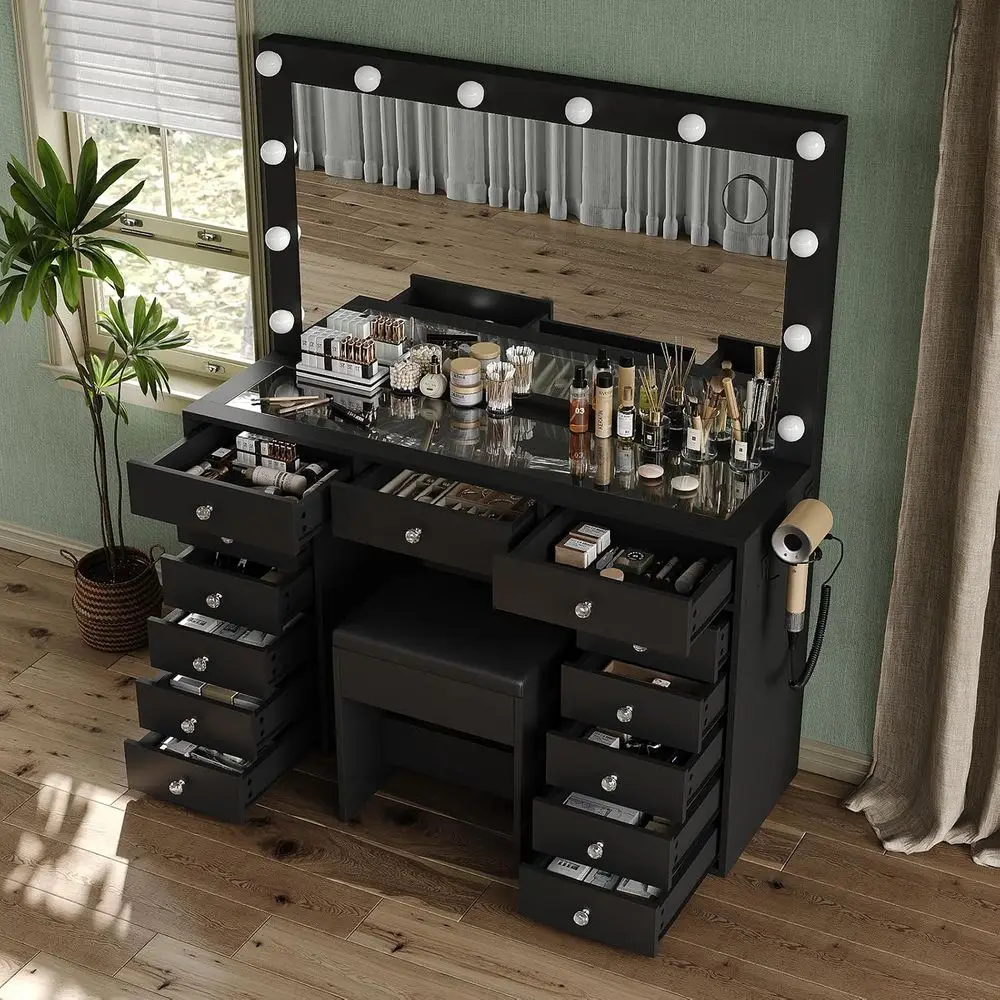 13 Ders Vanity Desk, 47''W Makeup Vanity with Power Outlet, Vanity Table with Mirror and 12 LED Bulbs, 3 Color Lighting es, Glas