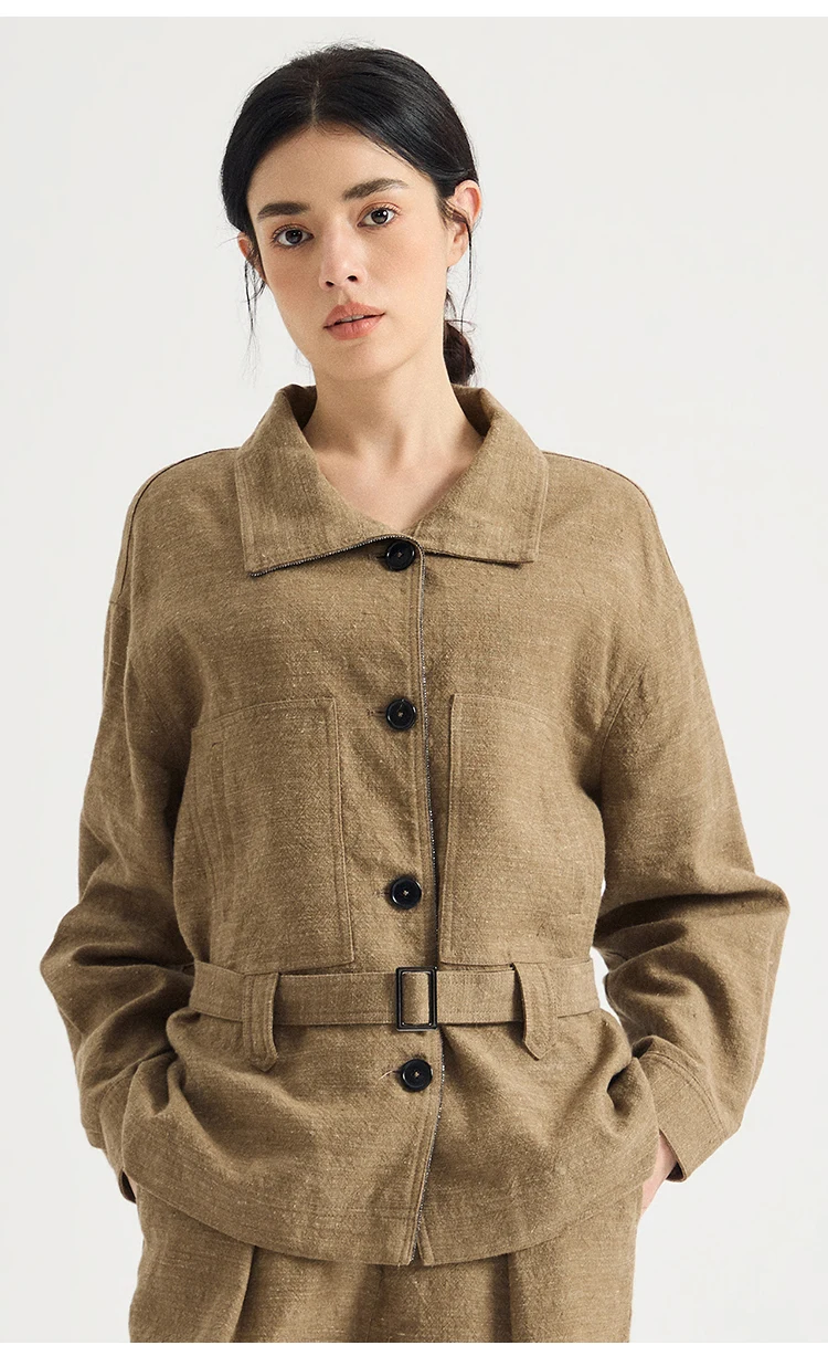 KT9623941 Damen Leinen-Woll-Mischgewebe Gürtel-Crop-Jacke, Oversized, Revers, aufgesetzte Taschen, Taillengürtel, Old Money, Frühherbst – Detail 5