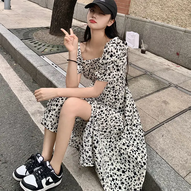 

Summer Korean Floral Casual Sweet A-lined Dresses Puff Sleeve Tops High Waist Slit Hem Elegant Fashion Dresses Women Clothing