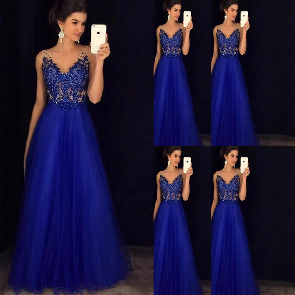Women's Royal Blue Beaded V-Neck Sleeveless Evening Gown Sequin Tulle A-Line Prom Dress Formal Wedding Guest Vestidos De Gala
