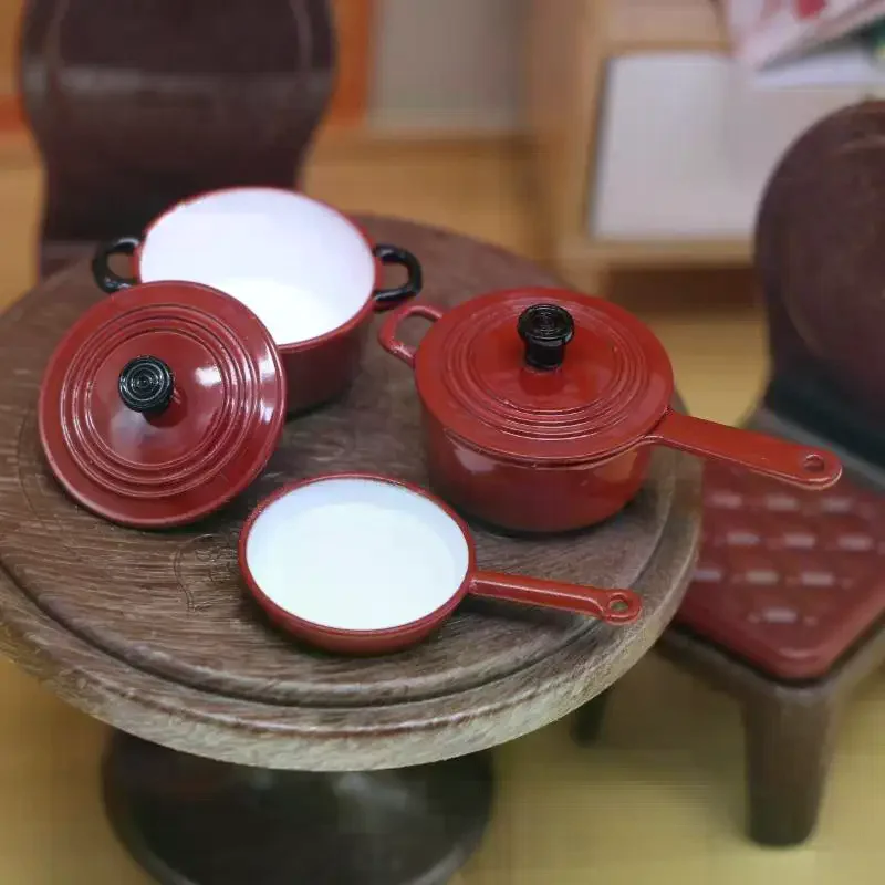 Alloy Enamel Miniature Cooking Set; 3pcs Dollhouse Cookware for 1:12 Scale Game