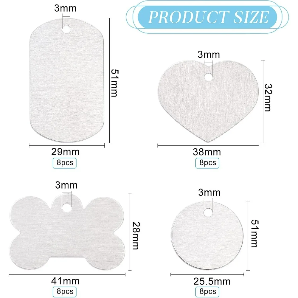 32 Packs Large Round Blanks Rectangle Heart Stamping Blanks Bone Shape Dog Tags with Plastic Storage Box for Metal Making Kit