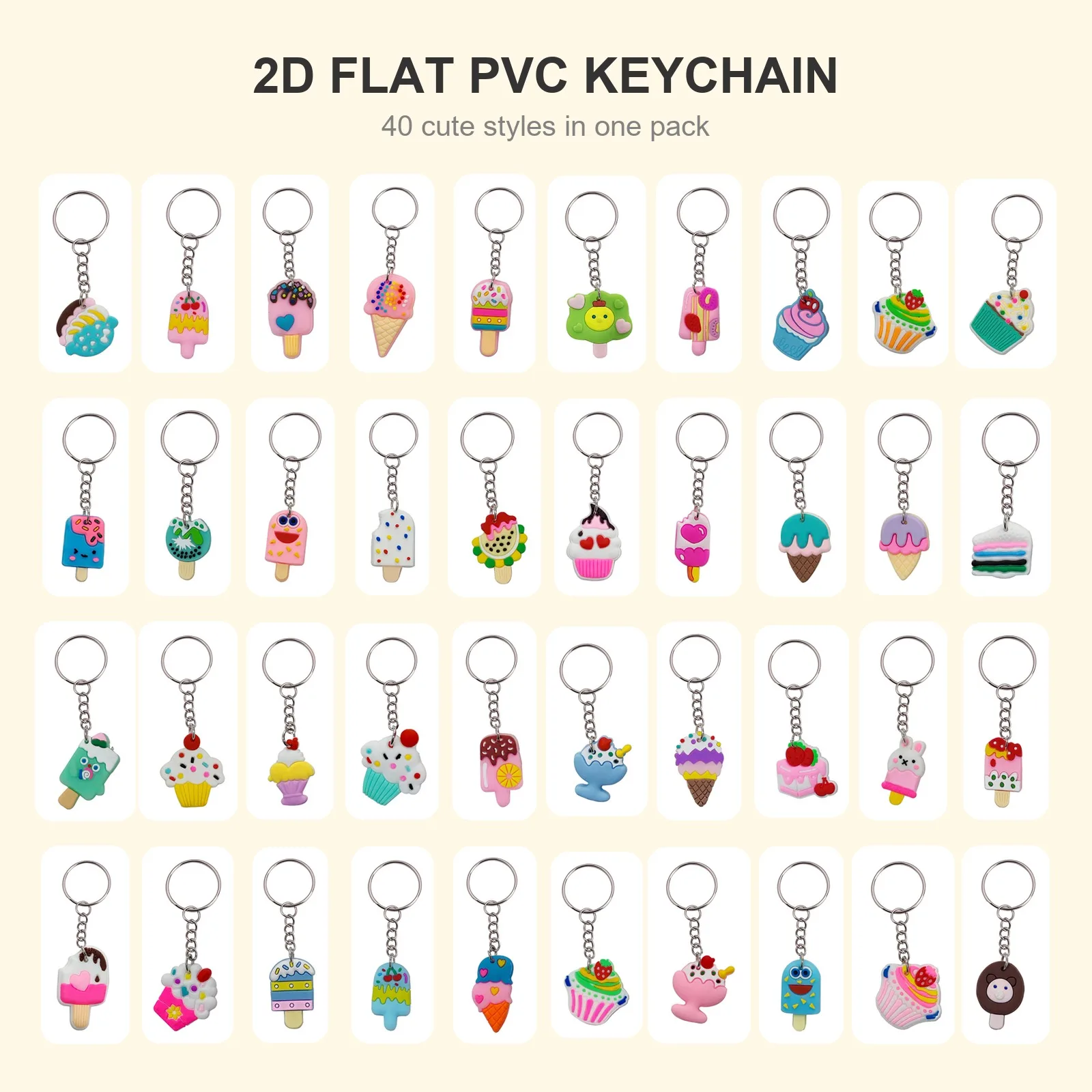 40 Pcs Kawaii Keychain Set, 2D Flat Soft PVC Sweet Treats Charms, School Rewards for Teens and Students, Cute Styles,