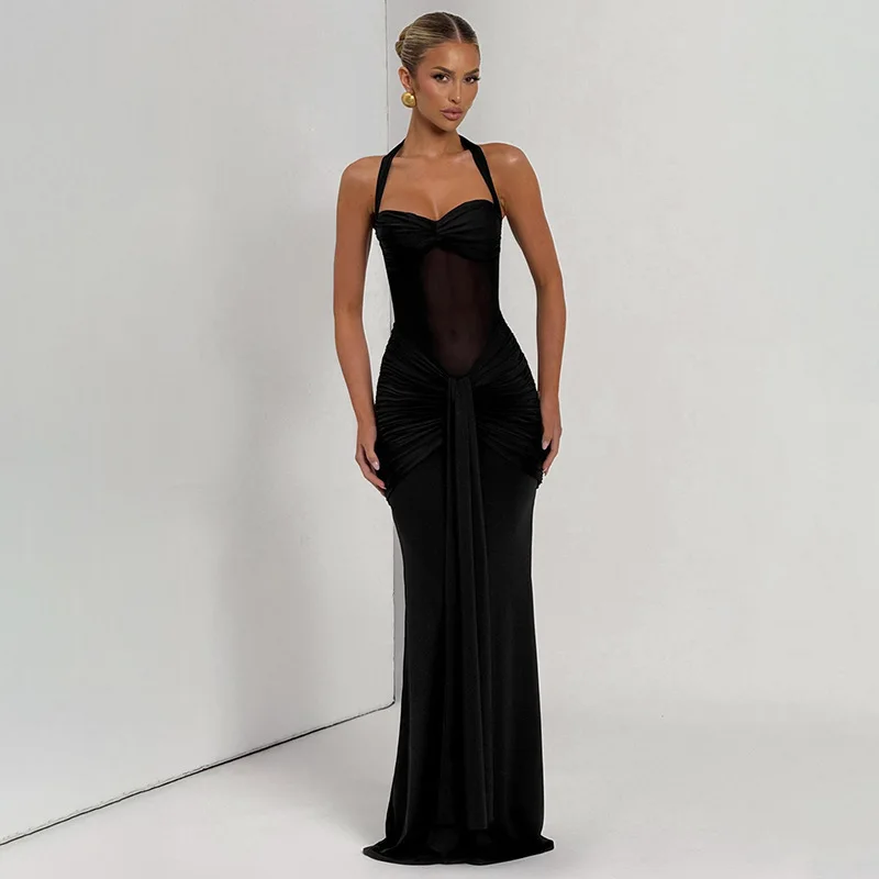 Przezroczysta Sukienka Maxi Bodycon z Siateczki, Naszywki, Marszczeniami i Wstążką, Damska, Seksowna, Bez Ramiączek, Sznurowana, z Odkrytymi Plecami, Wyszczuplająca, Klubowa, Imprezowa, Długa Suknia
